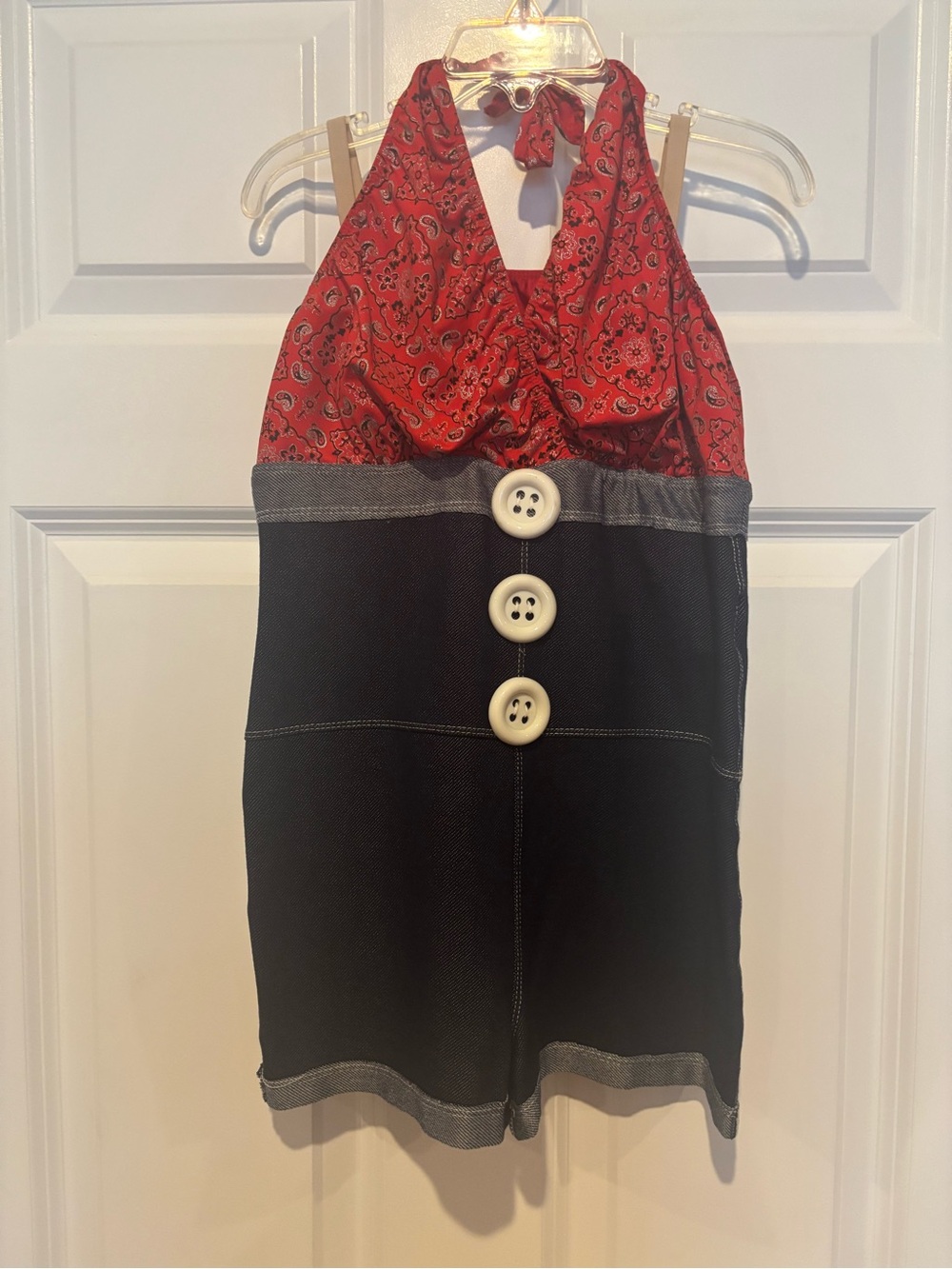 Girls' Red & Black Halter romper with Contrast Buttons